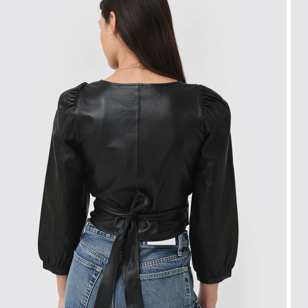 ba&sh Black Lamb Leather Wrap Top - Picture 2 of 6